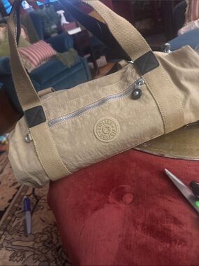 Kipling Khaki Canvas Duffel with Webbed Straps